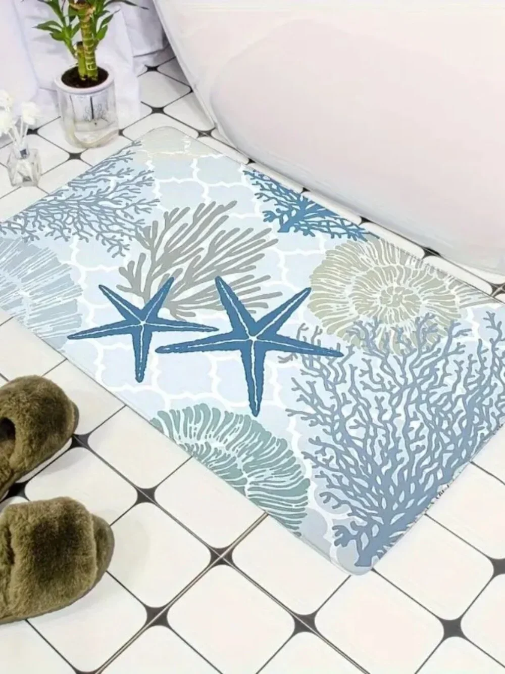 SET of 2 - Bathroom Kitchen Rugs - Starfish Seashell Design- Costal Home Decor